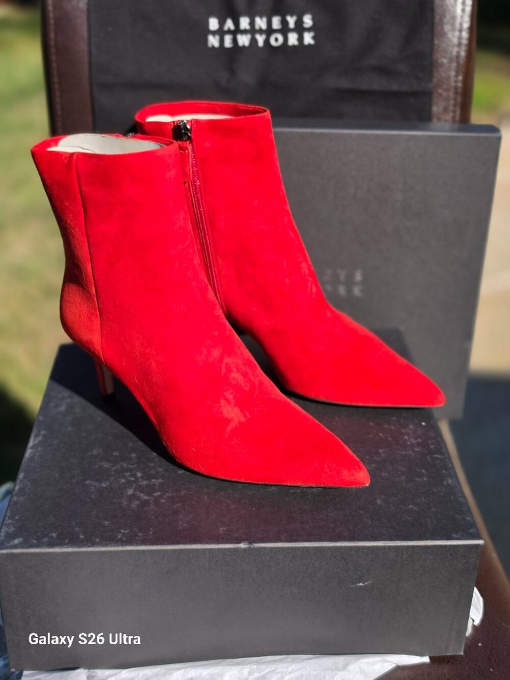 OTIS Red Suede Pointed Toe Zippered Booties 8 Barneys NY Box 65mm Camoscio Lips
